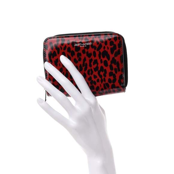 Saint Laurent Baby Cat Red Patent Leather Leopard Print Wallet - Picture 2 of 7